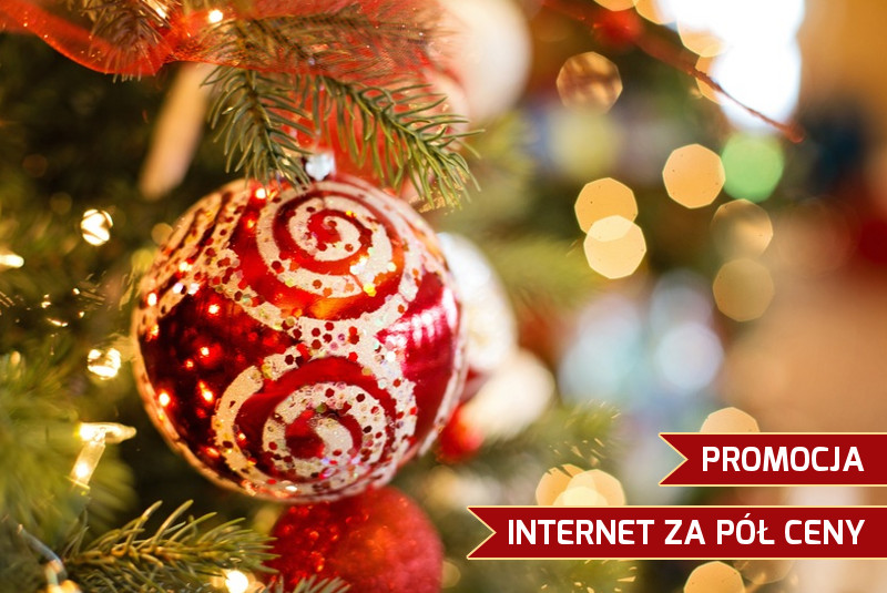 A red ornament on a Christmas tree and information about the holiday promotion Internet at Half Price